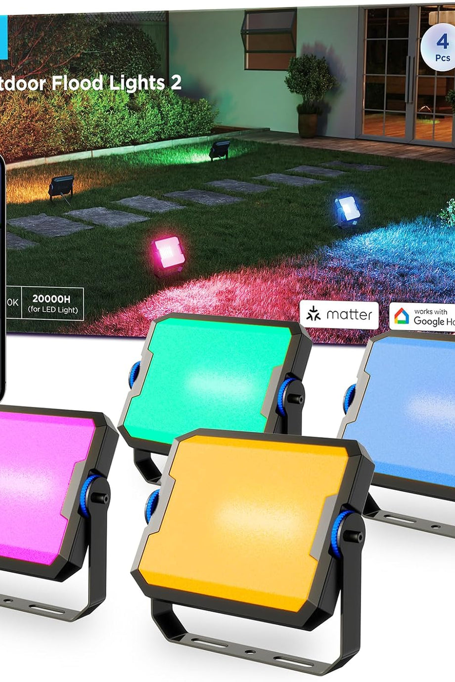 RGBIC Akıllı Dış Mekan LED Spot Işık 4’lü Paket, IP66, Alexa & Google Uyumlu, 1000 lm