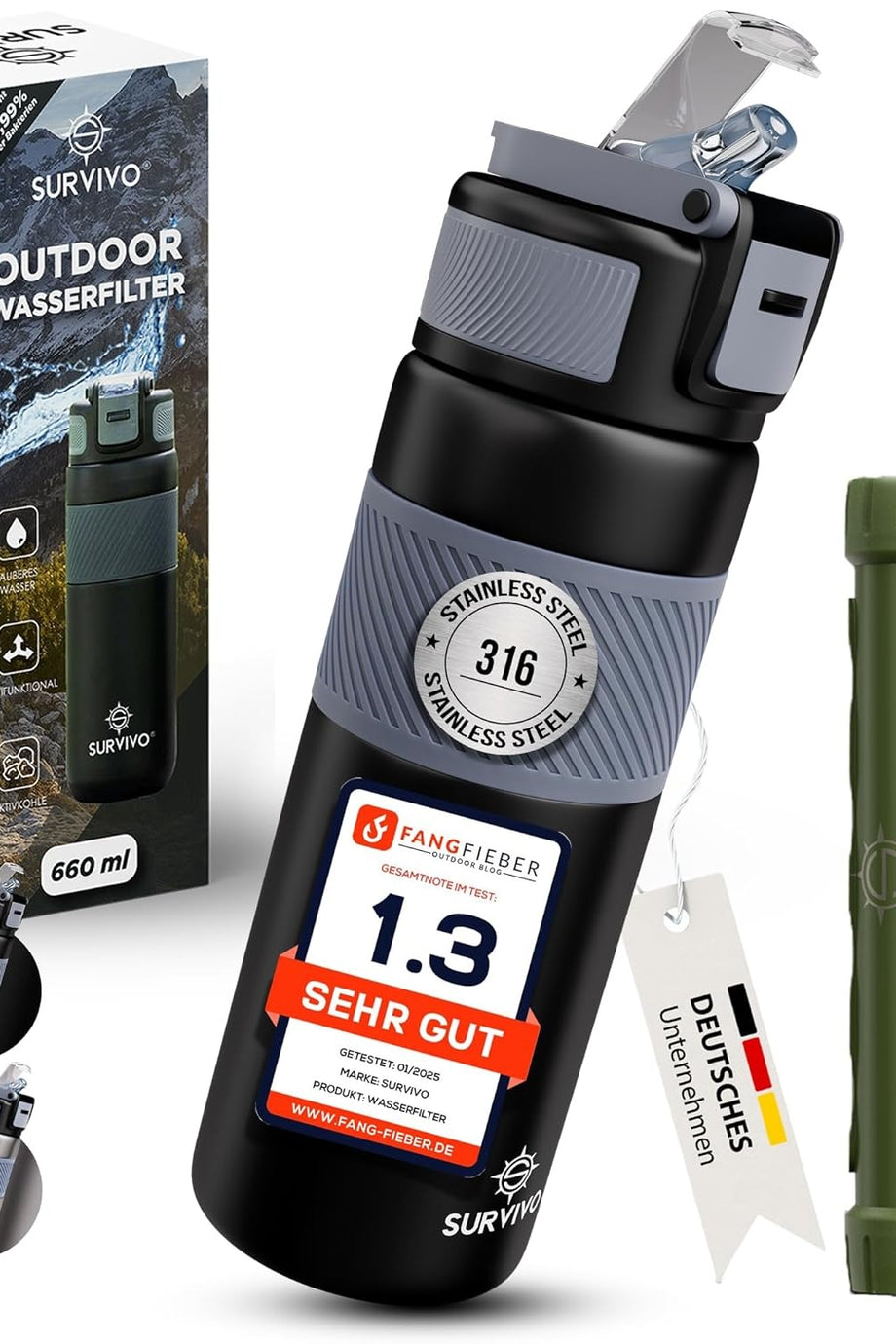 660 ml Su Arıtmalı Çelik Matara Hayatta Kalma Kamp Seyahat Acil Durum Şişesi