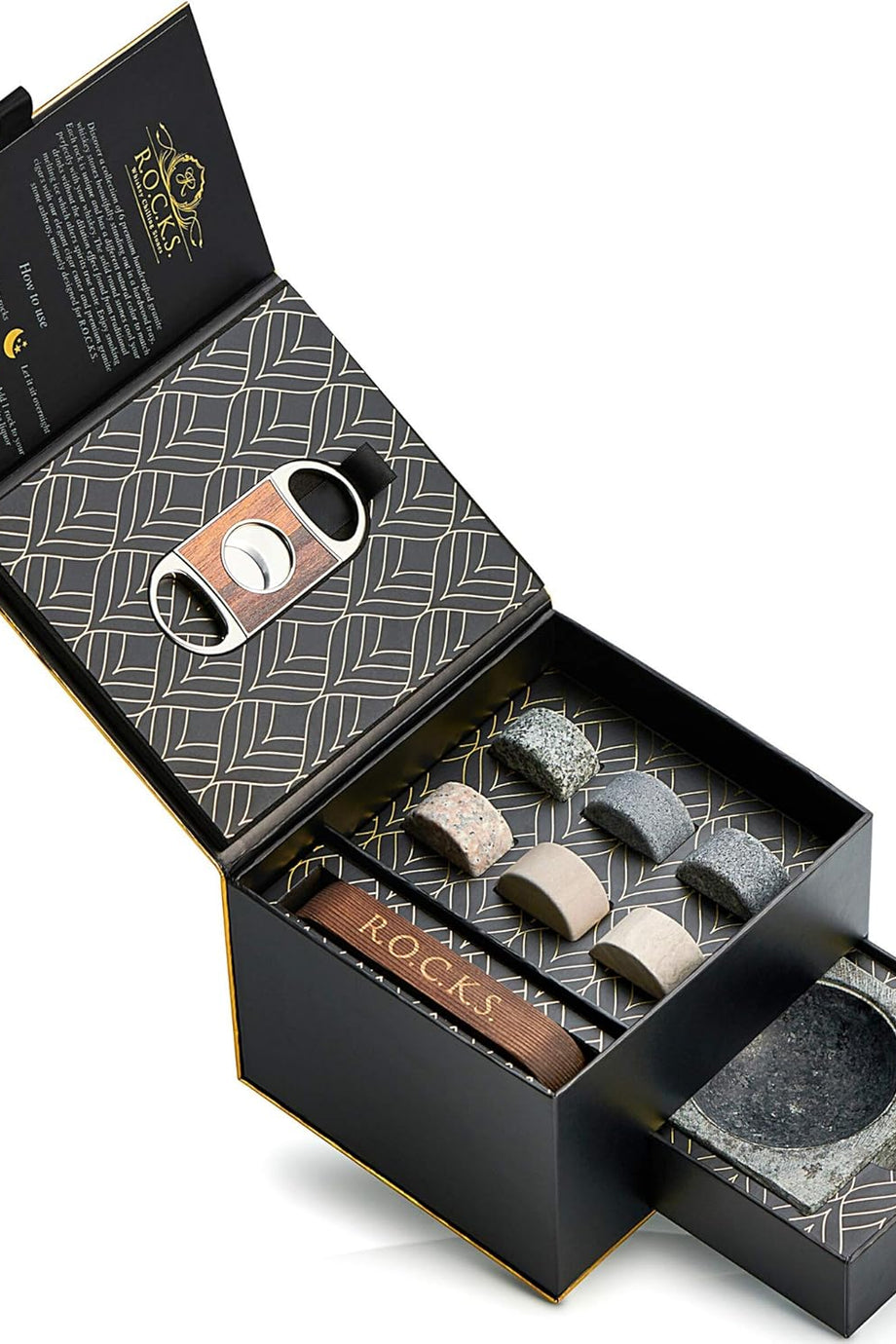 Rocks Viski ve Puro Seti, 6 El Yapımı Yuvarlak Granit Taş, Puro Kesici, Granit Küllük