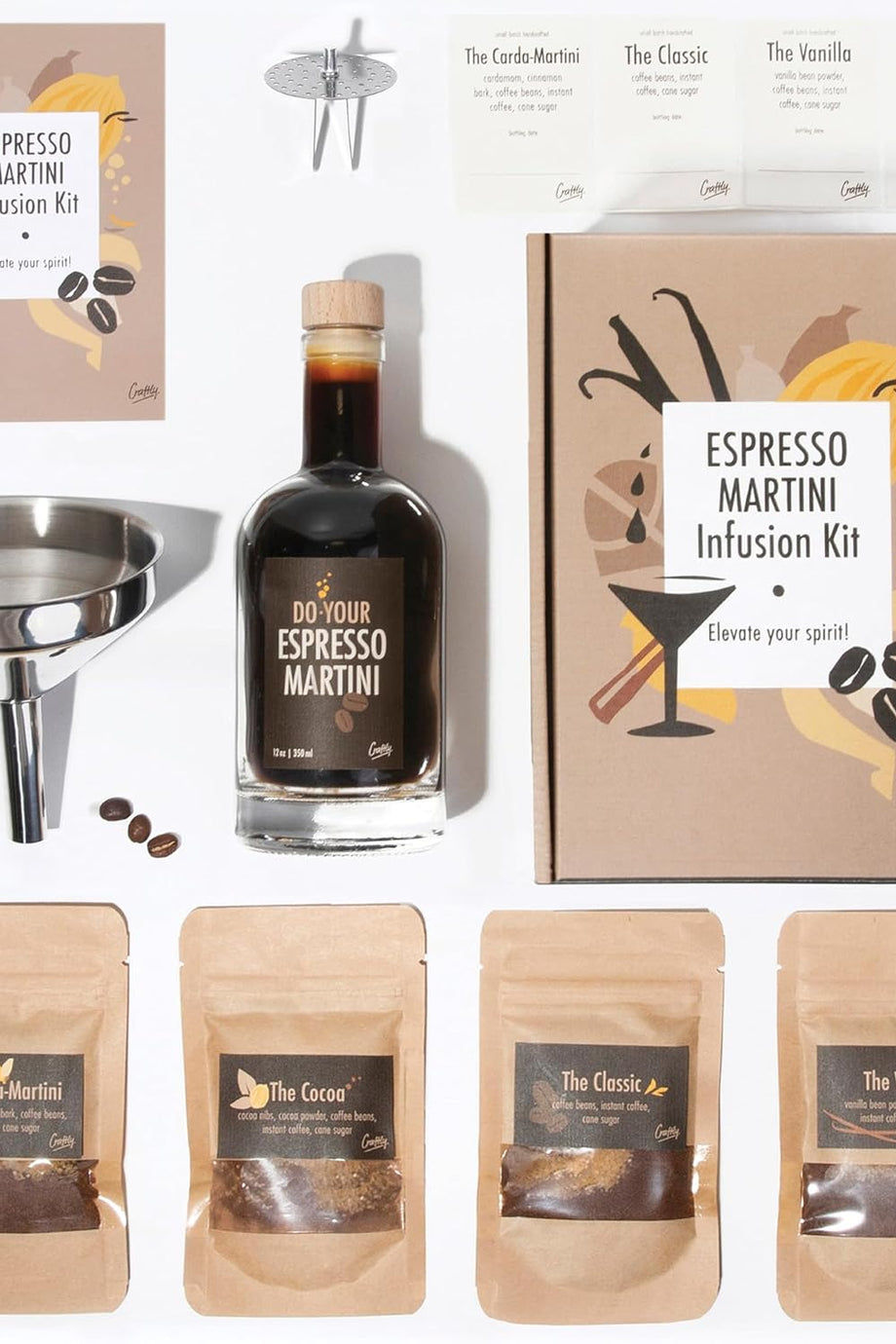 Espresso Martini Demleme Seti, 4 Farklı Karışım, Cam Şişe ve Süzgeçli Huni ile