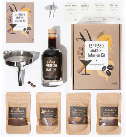 Espresso Martini Demleme Seti, 4 Farklı Karışım, Cam Şişe ve Süzgeçli Huni ile