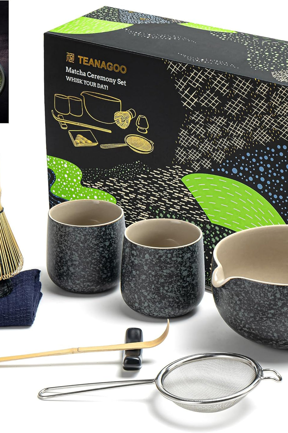 9 Parça Matcha Seti - Bambu Whisk, Matcha Kasesi, Çay Süzgeci ve 2 Kupa ile Gelen Çay Hazırlama Seti