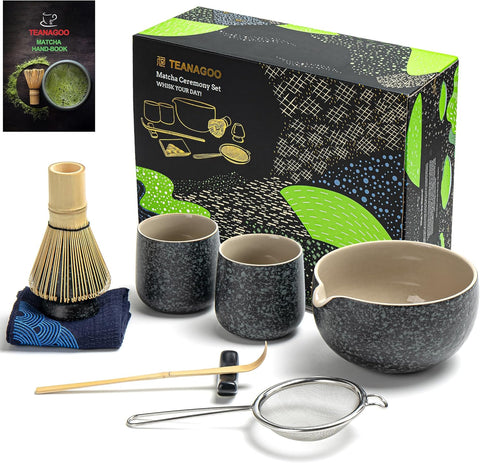 9 Parça Matcha Seti - Bambu Whisk, Matcha Kasesi, Çay Süzgeci ve 2 Kupa ile Gelen Çay Hazırlama Seti