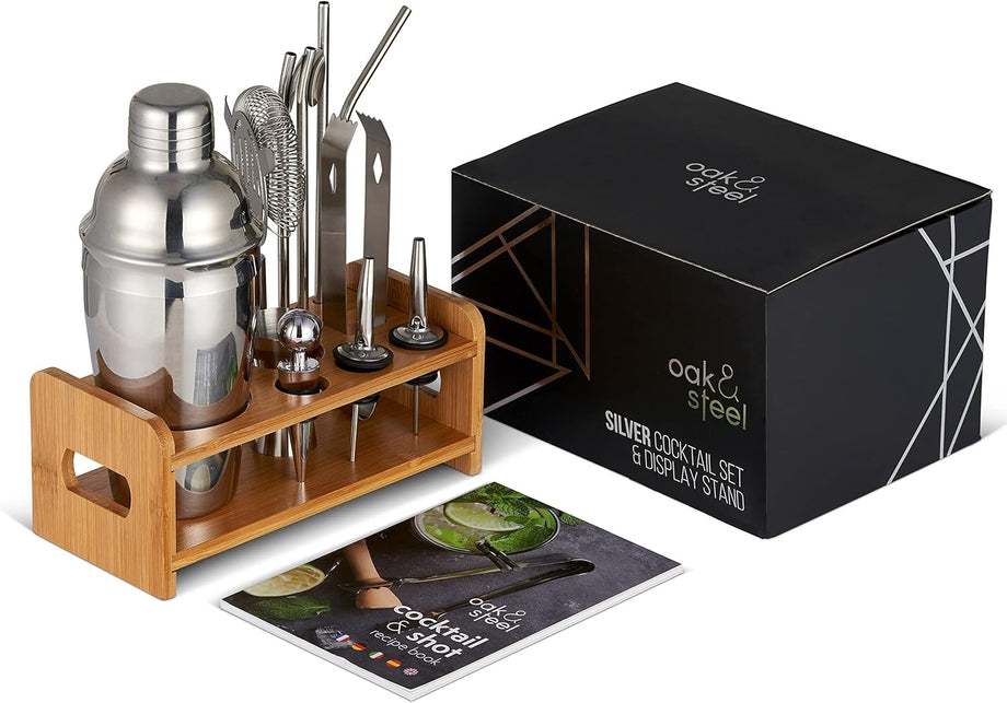 13 Parça Profesyonel Paslanmaz Çelik Kokteyl Seti, Ahşap Stand ve Tarif Kitapçığı ile