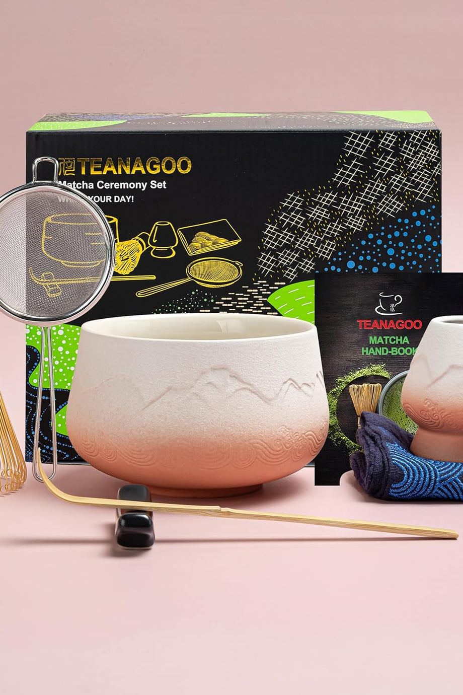 Japon Matcha Seti 7 Parça, Pembe Seramik Kase, Bambu Çırpıcı ve Kaşık ile Geleneksel Matcha Çay Seti