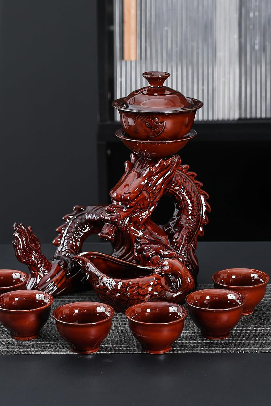 Parça Yarı Otomatik Kungfu Çay Seti, Ejderha Tasarımlı, Porselen, Kırmızı