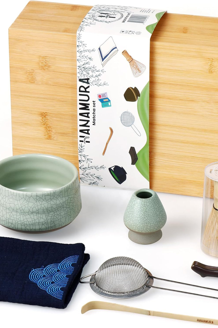Matcha Seti, Matcha Çırpıcı, Seramik Matcha Kasesi, Matcha Eleği ve Bambu Saklama Kutusu ile
