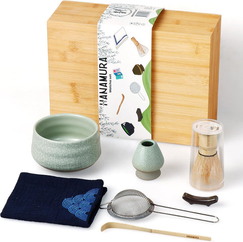 Matcha Seti, Matcha Çırpıcı, Seramik Matcha Kasesi, Matcha Eleği ve Bambu Saklama Kutusu ile