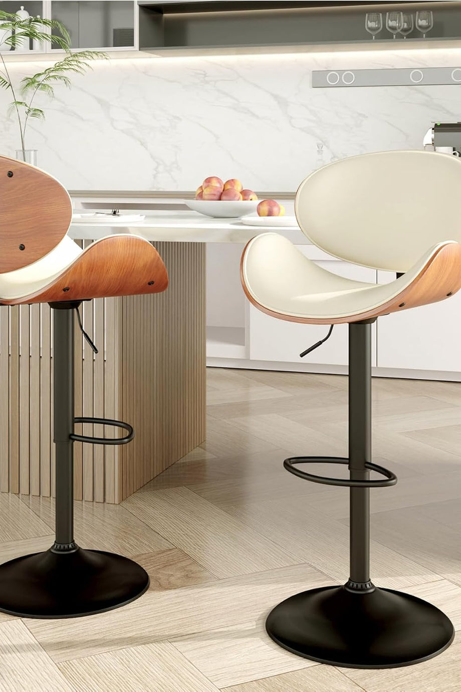 Bar Taburesi 2'li Set, Orta Yüzyıl Modern Stil, Yüksekliği Ayarlanabilir, Ayak Destekli