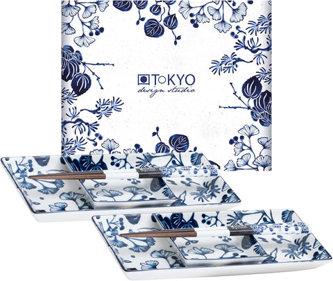TOKYO Tasarım Stüdyosu Flora Japonica 6 Parça Suşi Seti – Mavi/Beyaz Japon Desenli Porselen