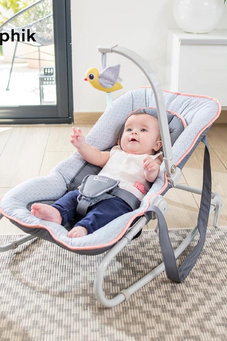 Bebek Zıplama Koltuğu Grafik Kayısı,5 Yönlü Ayarlanabilir Sırtlık, Çıkarılabilir Oyun Kemeri