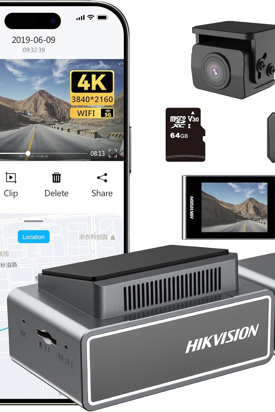 4K + 1080P Araç Kamerası, GPS WiFi, ADAS Destekli, Gece Görüş, 64GB Kart Dahil