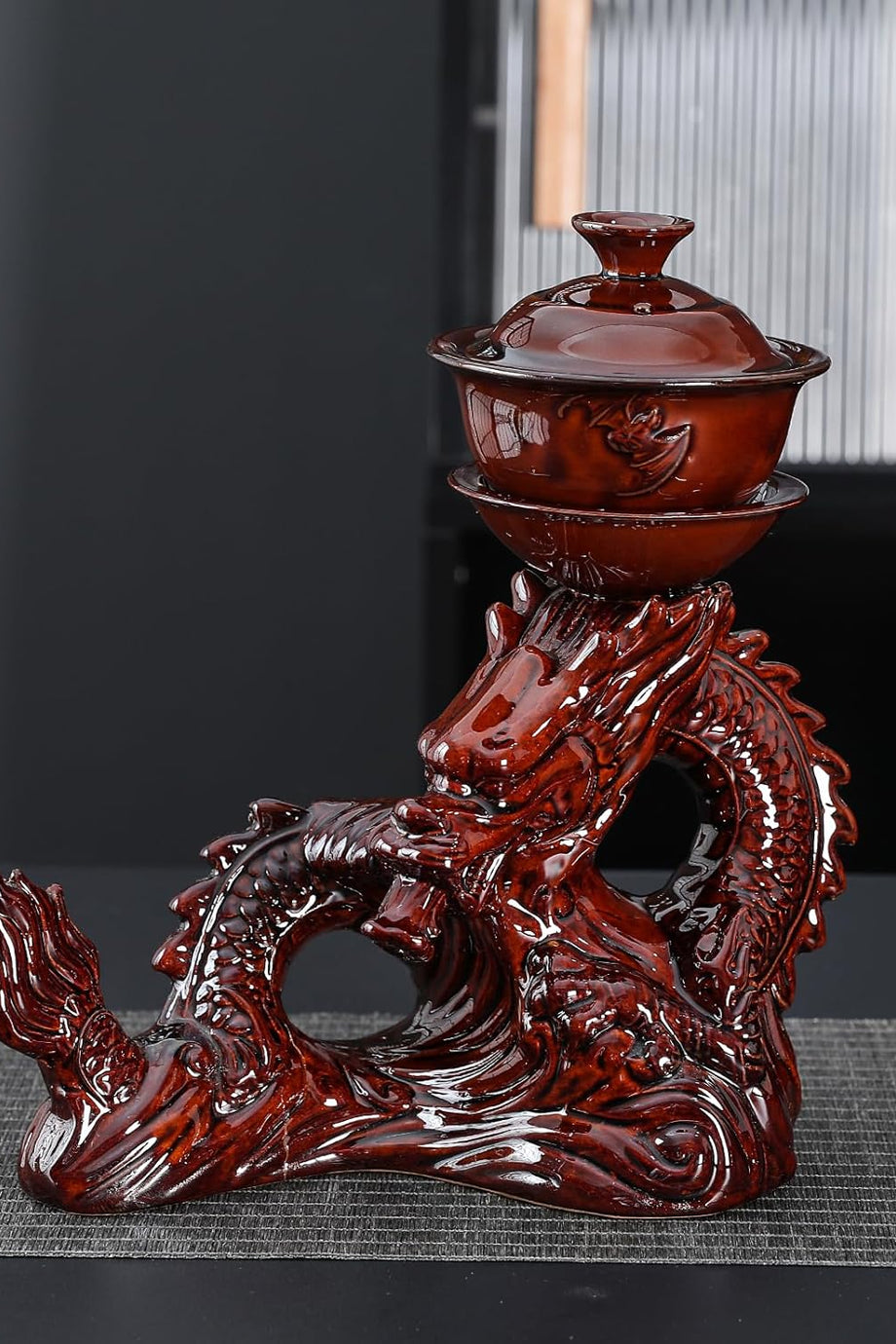 Parça Yarı Otomatik Kungfu Çay Seti, Ejderha Tasarımlı, Porselen, Kırmızı