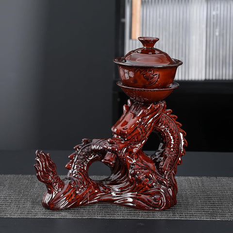 Parça Yarı Otomatik Kungfu Çay Seti, Ejderha Tasarımlı, Porselen, Kırmızı