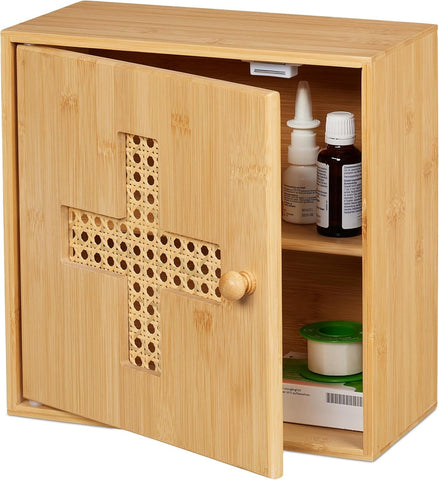 Bambu İlaç Dolabı 2 Raflı Mıknatıslı Kapaklı Doğal Rattan Görünümlü 28x28x16 cm, Otel ve Restoranlar İçin Uygun