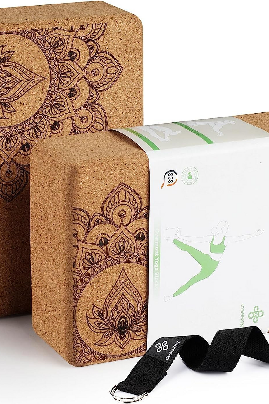 2'li Doğal Mantar Yoga Blok Seti ve 8ft Yoga Bandı ile Esneme Destek Kiti