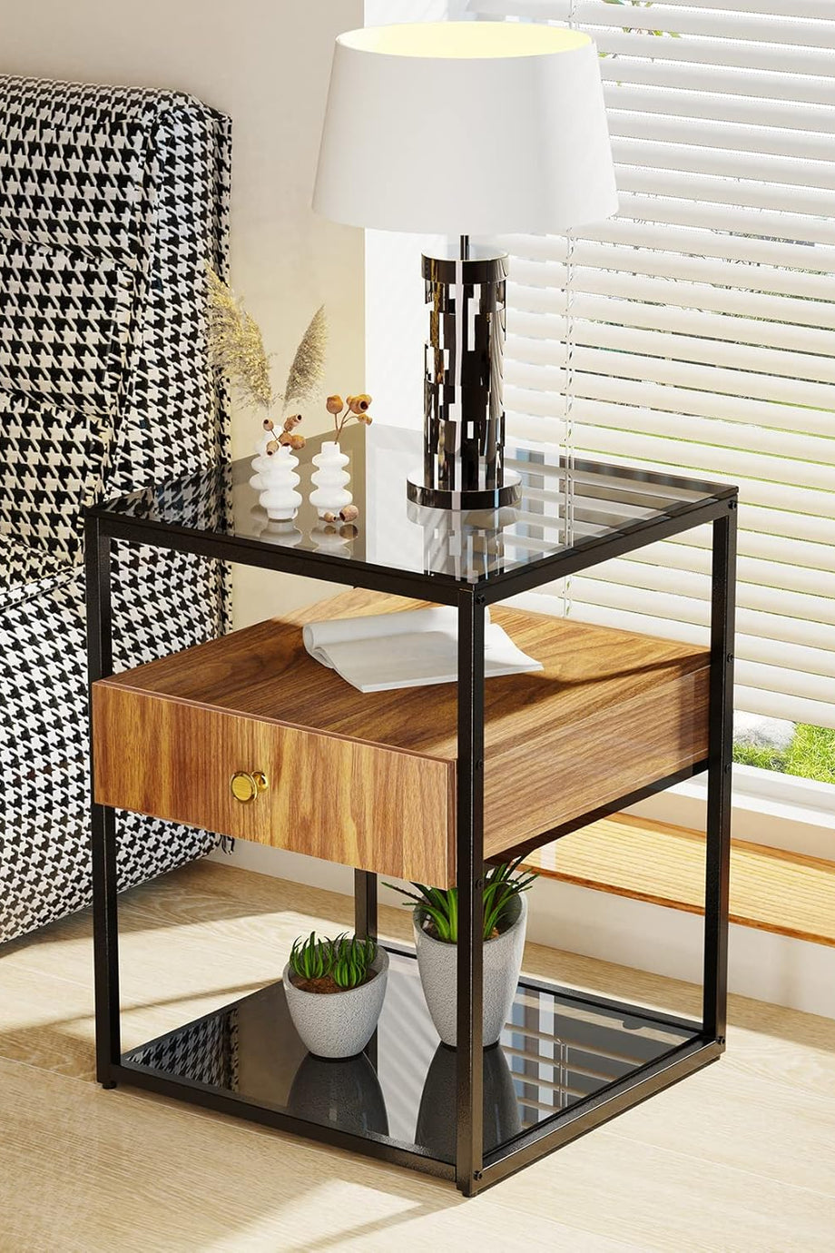 2 Katlı Bronz Temperli Cam ve Çekmeceli Gece Sehpası, Rustik Başucu Masası