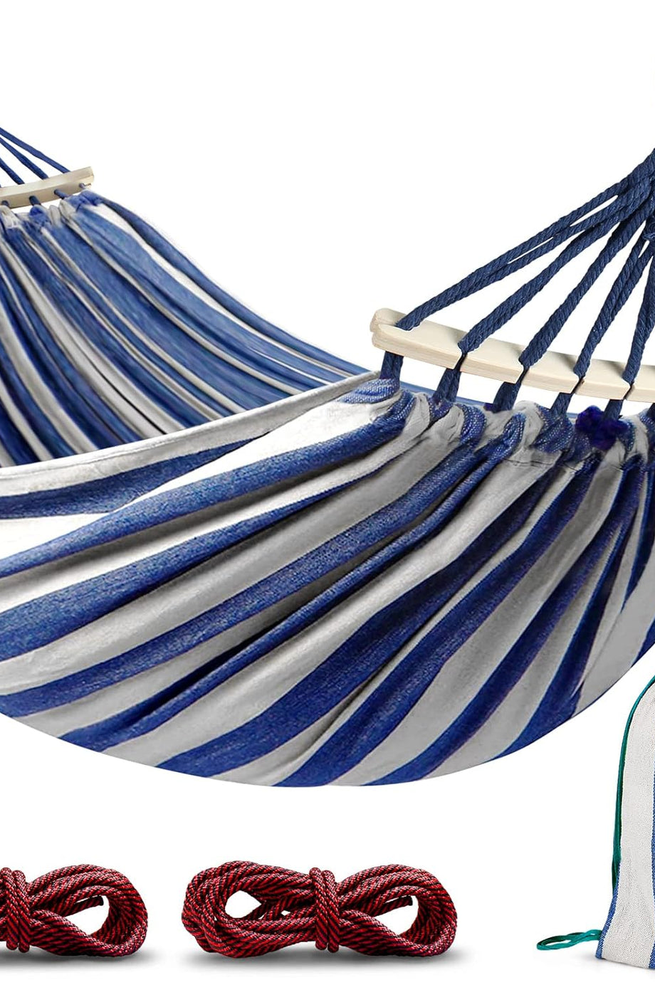 Kavisli Ahşap Çubuklu Mavi Hamak, 2 Kişilik, Kamp ve Bahçe İçin