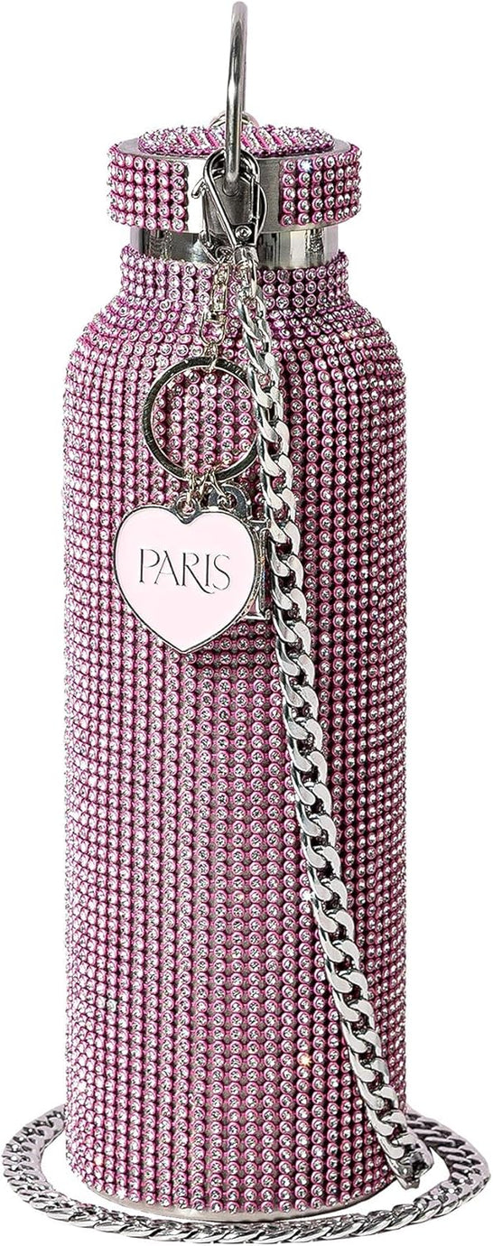 750 ml Pembe Paslanmaz Su Şişesi, Taşıma Zincirli, Elmas Taşlı