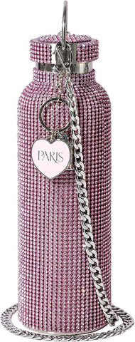 750 ml Pembe Paslanmaz Su Şişesi, Taşıma Zincirli, Elmas Taşlı