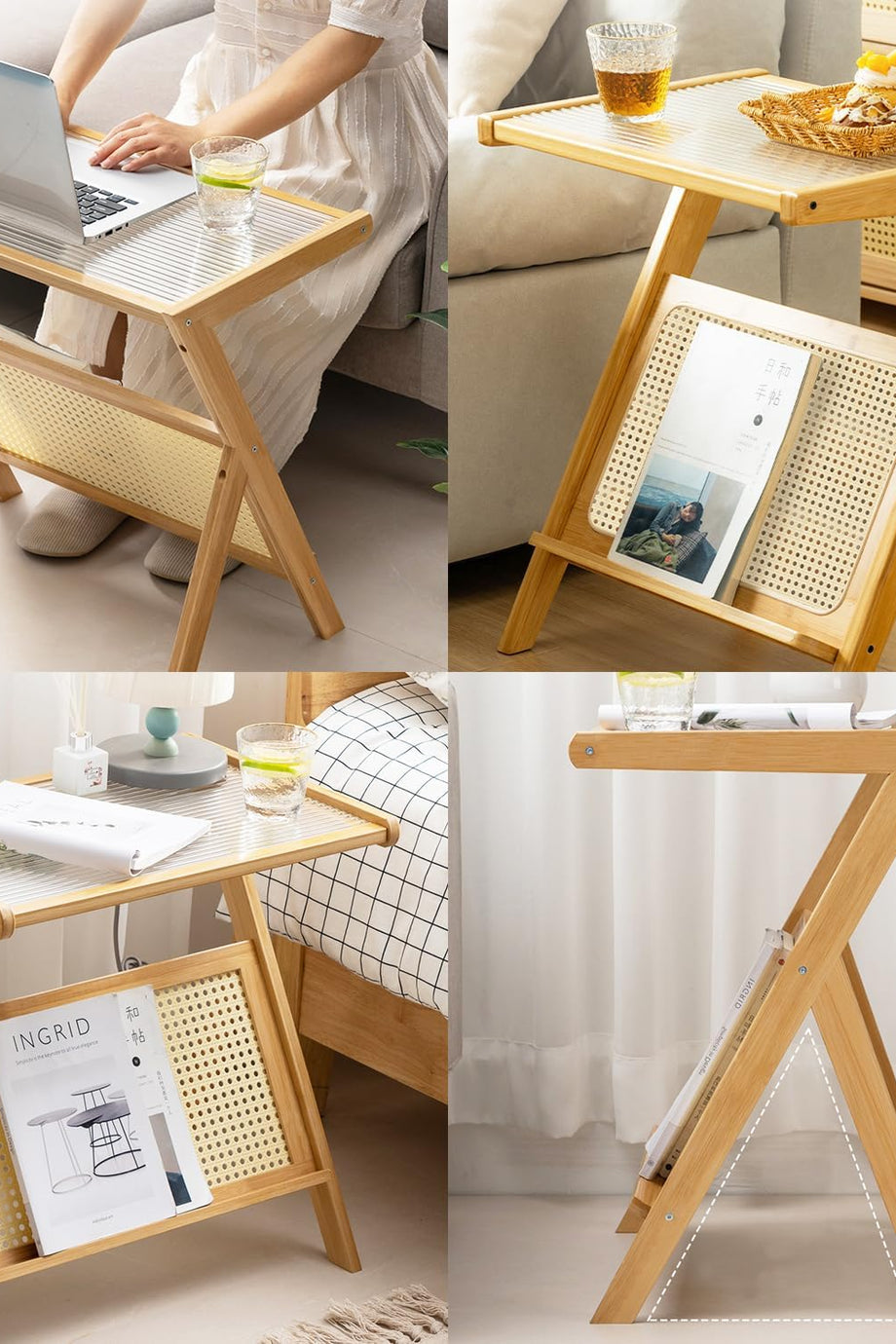 Rattan Sehpa, Boho Aksanlı Gece Sehpası ve Cam Ahşap Masası