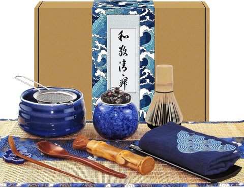 12 Parçalı Japon Matcha Çay Seti, Mavi Seremoni Kasesi, Bambu Çırpıcı, Süzgeç ve Kaşık ile Geleneksel Japon Çay Deneyimi
