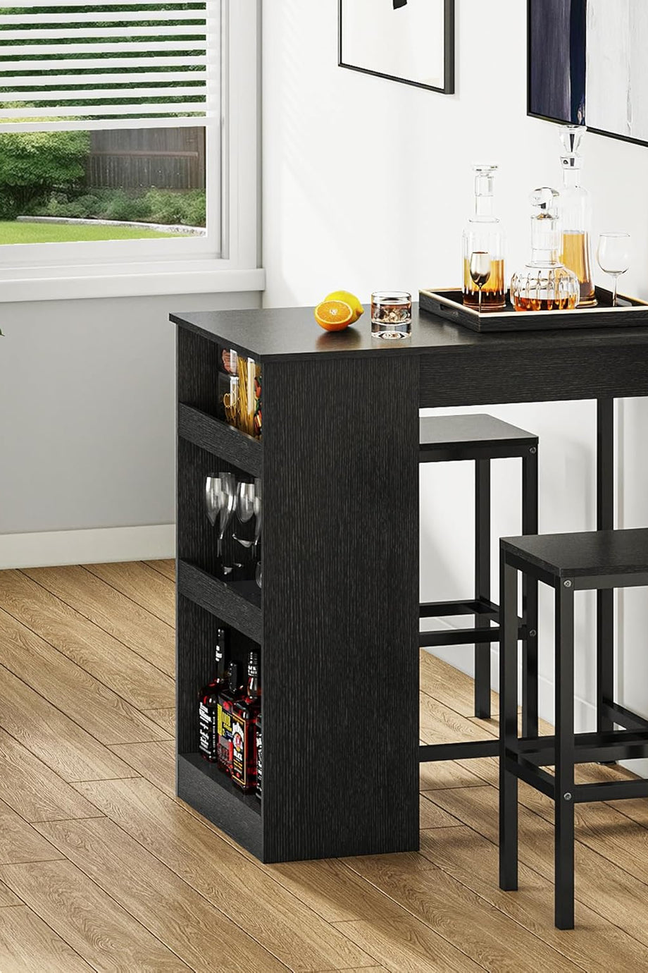 3 Parça Bar Masası Seti, 2 Tabureli, 3 Raflı, Metal Çerçeveli, Endüstriyel Tasarımlı Mutfak ve Kahvaltı Masası