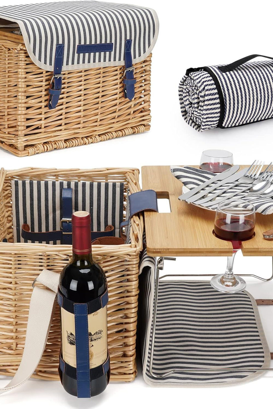 Hasır Piknik Sepeti Seti, 2 Kişilik, Bambu Şarap Masalı, Cam Kadehli