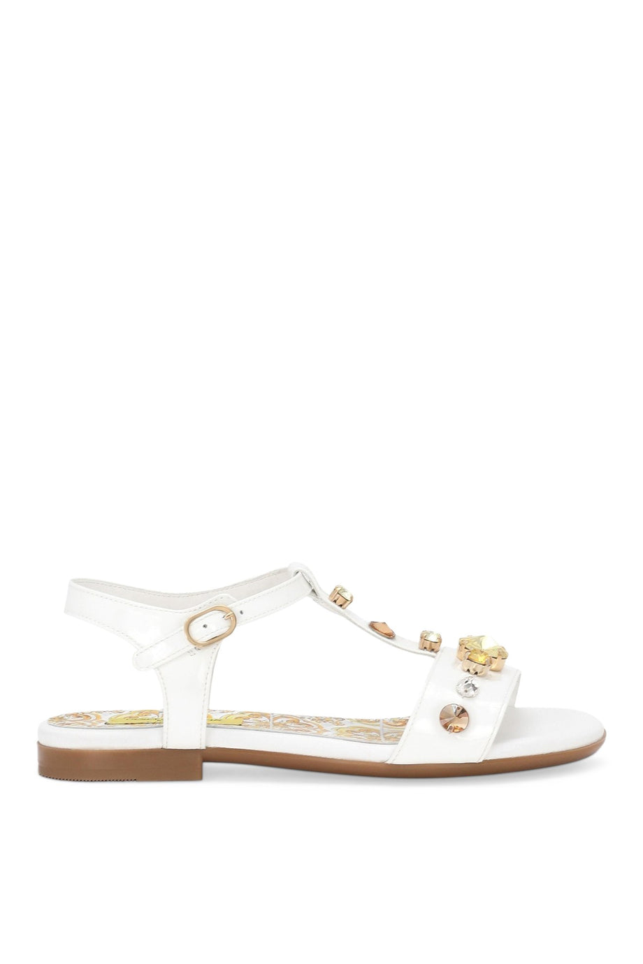 Çocuklar için Sarı Majolika Desenli Swarovski Kristalli Patente Deri Sandaletler