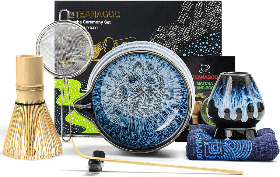 7 Parça Seremoni Matcha Seti Mavi Seramik Kase, Bambu Çırpıcı ve Aksesuarlarla
