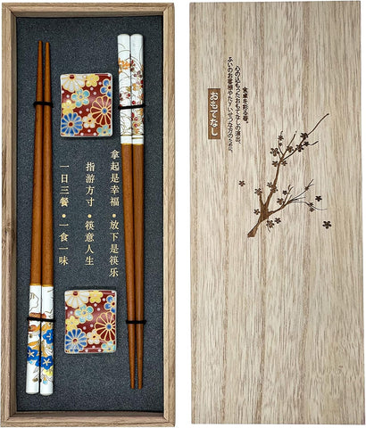 Sushi Yemek Çubuğu Seti, 2 Çift, Çiçek Desenli, Ahşap Kutulu