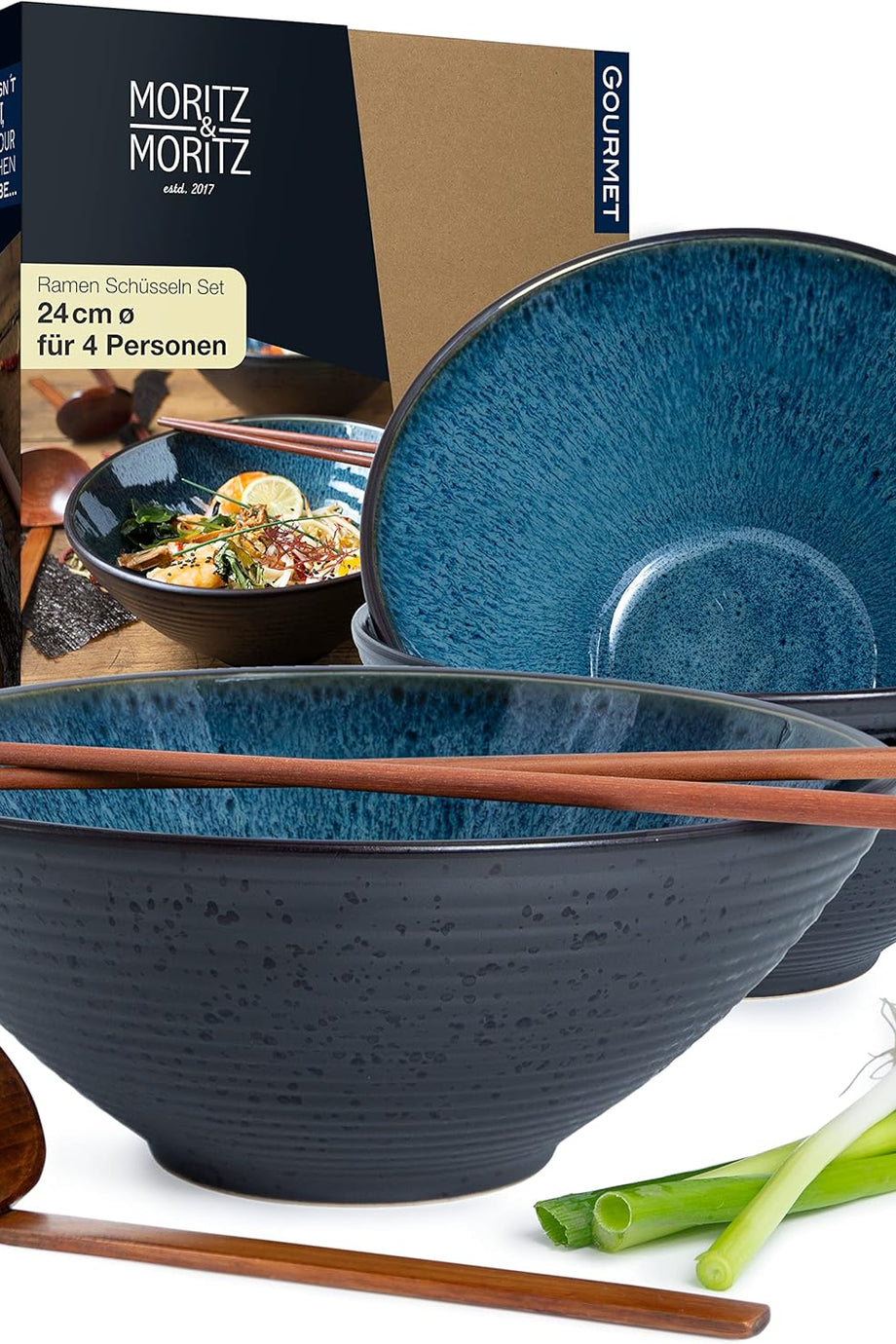4 Kişilik 16 Parça Ramen Kase Seti – 24 cm Siyah Seramik Kase, Ahşap Çubuk ve Kaşık Dahil