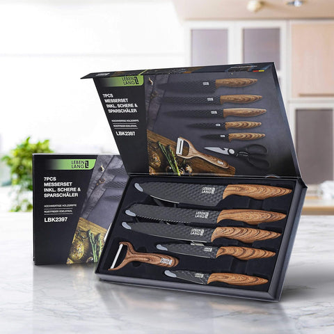 7 Parça Mutfak Bıçak Seti - Paslanmaz Çelik Şef Bıçağı, Soyucu, Mutfak Makası ve Siyah Kesme Bıçakları Seti