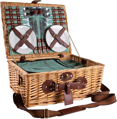 4 Kişilik Piknik Sepeti, El Dokuması Doğal Söğüt, Soğutma Bölmeli, Omuz Askılı