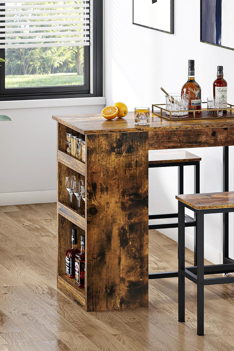 3 Parça Bar Masası Seti, 2 Tabureli, 3 Raflı, Metal Çerçeveli, Endüstriyel Tasarımlı Mutfak ve Kahvaltı Masası