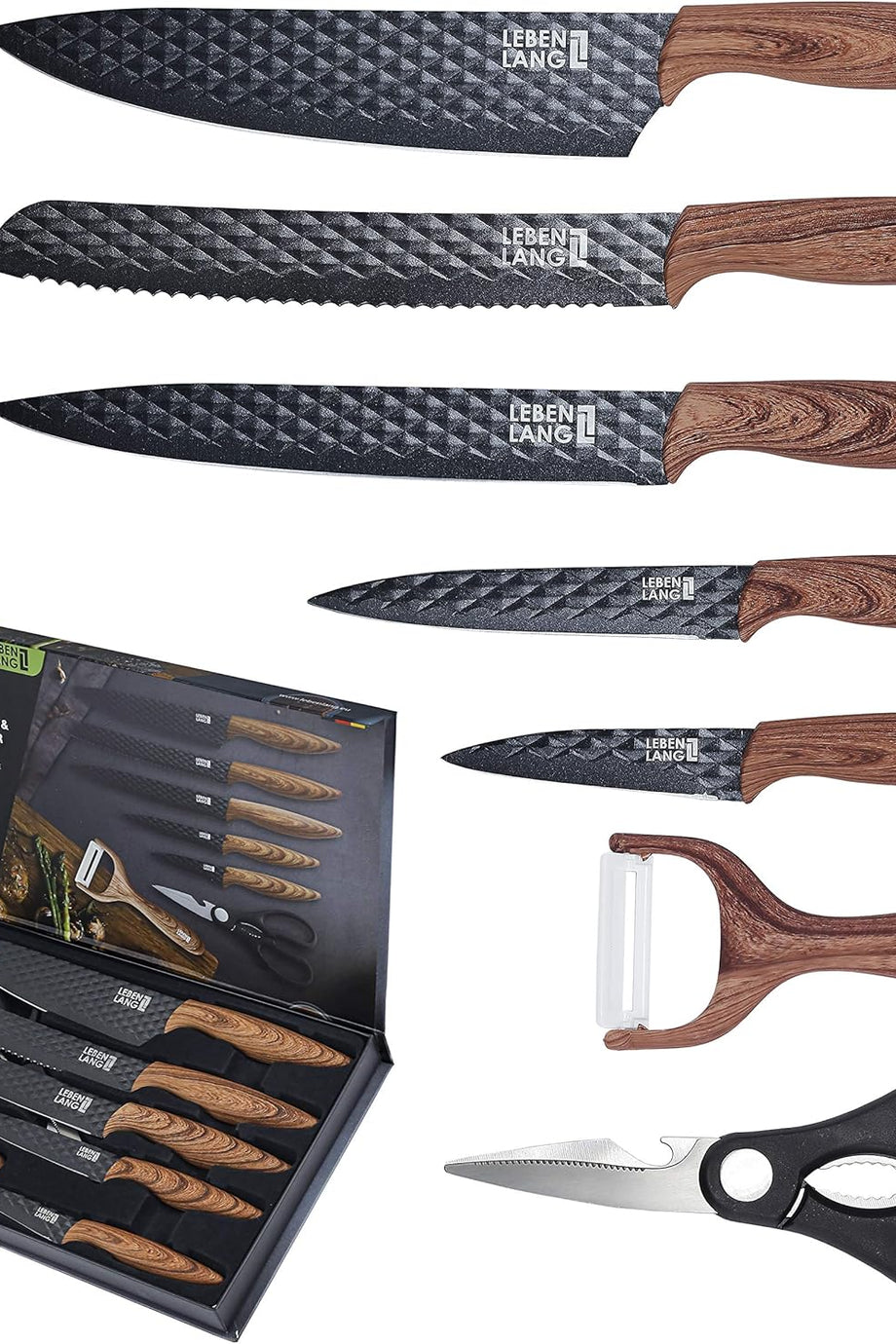 7 Parça Mutfak Bıçak Seti - Paslanmaz Çelik Şef Bıçağı, Soyucu, Mutfak Makası ve Siyah Kesme Bıçakları Seti