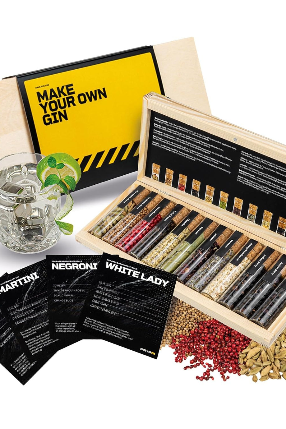 Mini Gin Baharat Seti 12 Doğal Baharat, Tarif Kartları ve Ahşap Kutu ile Hediye Seti
