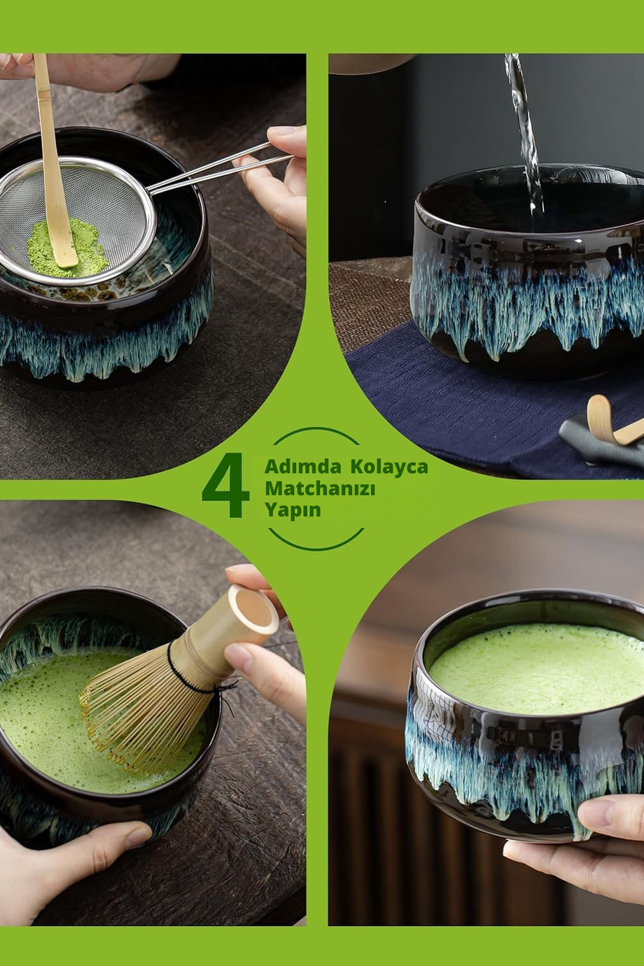 7 Parça Matcha Seti - Bambu Çırpıcı, Seramik Kase ve Süzgeç ile Matcha Çayı Seremonisi Seti