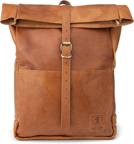 Paris Deri Bisiklet Sırt Çantası Rolltop Unisex Günlük Vintage Kahverengi