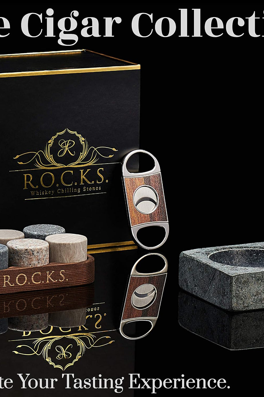 Rocks Viski ve Puro Seti, 6 El Yapımı Yuvarlak Granit Taş, Puro Kesici, Granit Küllük