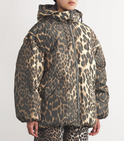 Leopar Şişme Mont, Kapüşonlu ve Geri Dönüşümlü Polyester