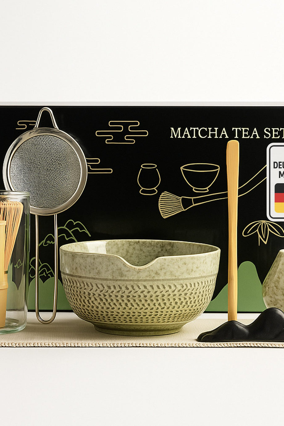 Matcha Çay Seti (7 Parça) El Yapımı Seramik Kase, Bambu Çırpıcı ve Diğer Aksesuarlarla