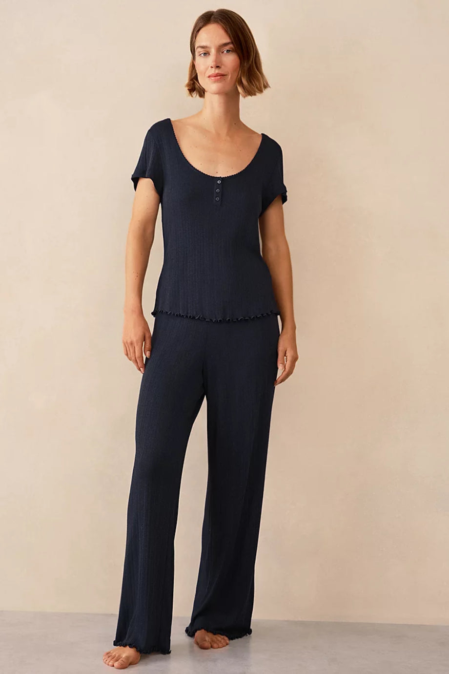 Pointelle Yuvarlak Yakalı Pijama Üstü