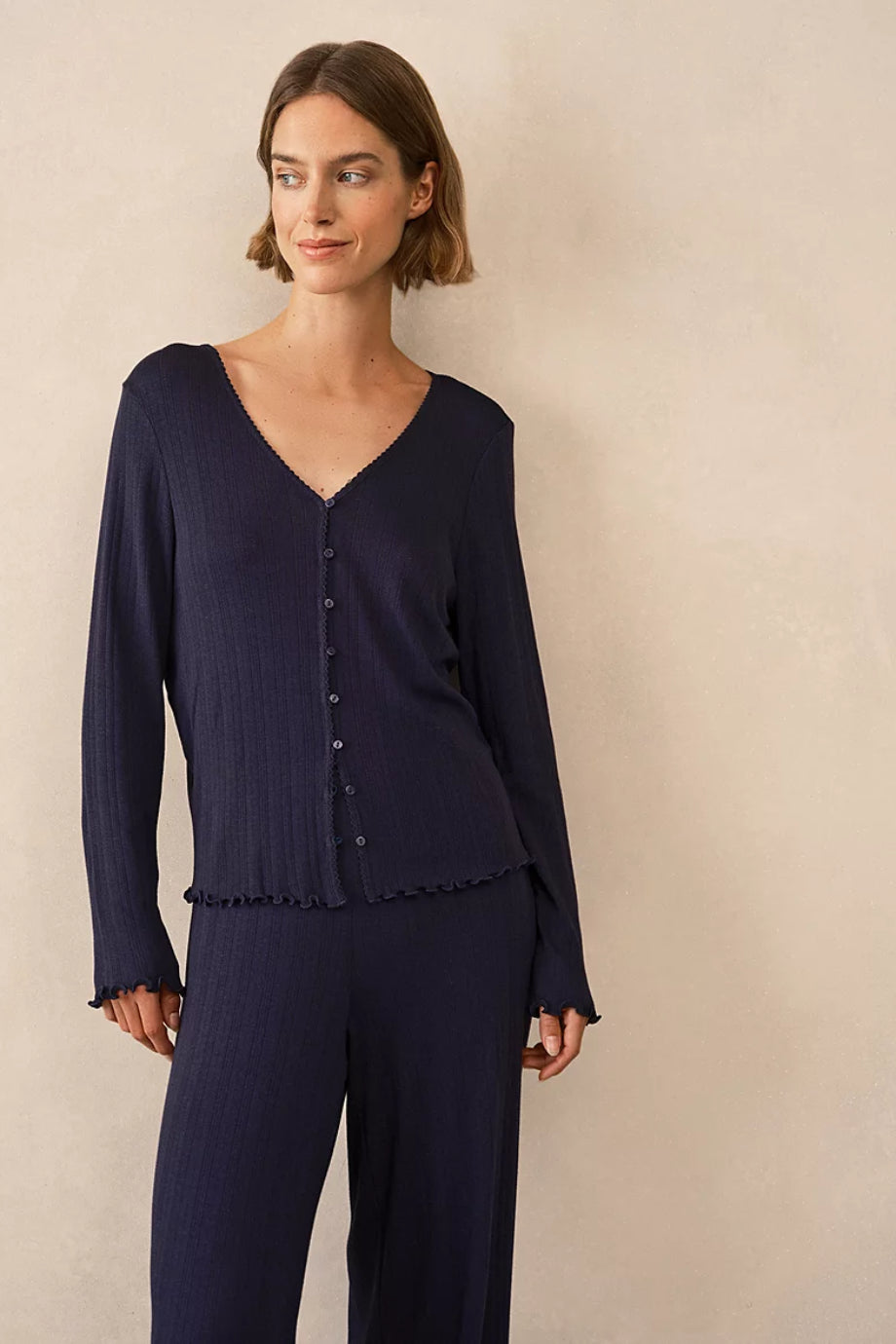 Pointelle Uzun Kadın Pijama Üstü