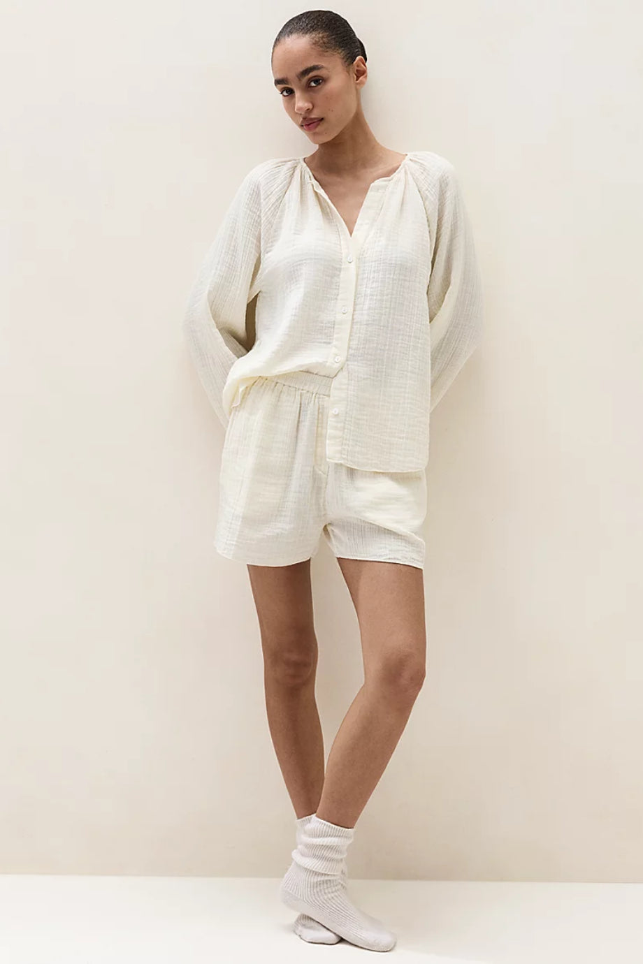 Organik Çift Kat Pamuklu Müslin Boho Kadın Kısa Pijama Takımı