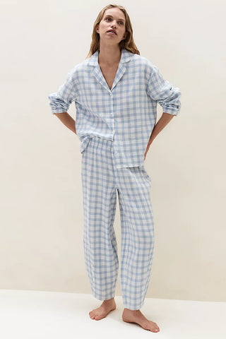 Organik Pamuk Kareli Barrel Paça Kadın Pijama Takımı