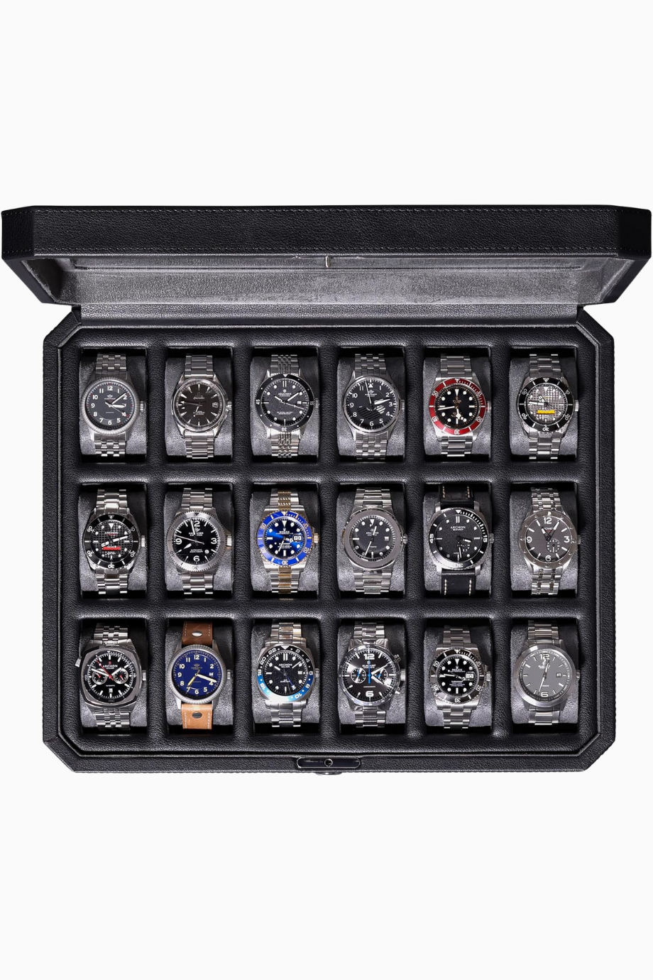 18 Bölmeli Lüks Saat Kutusu,Cam Kapaklı, Kilitlenebilir, Erkek Saat Koleksiyon Kutusu