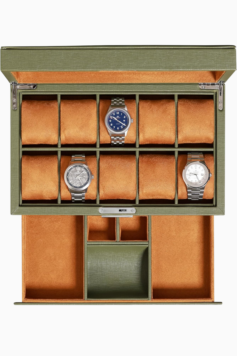 10 Gözlü Lüks Deri Saat Kutusu, Çekmeceli, Cam Kapaklı, Kilitlenebilir