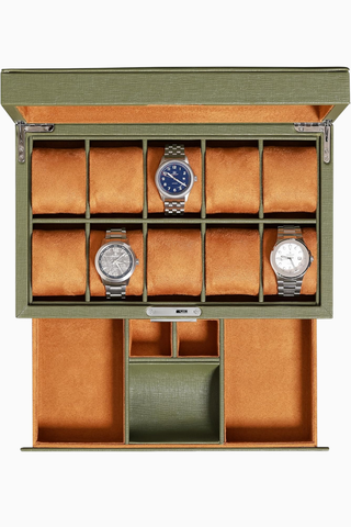 10 Gözlü Lüks Deri Saat Kutusu, Çekmeceli, Cam Kapaklı, Kilitlenebilir