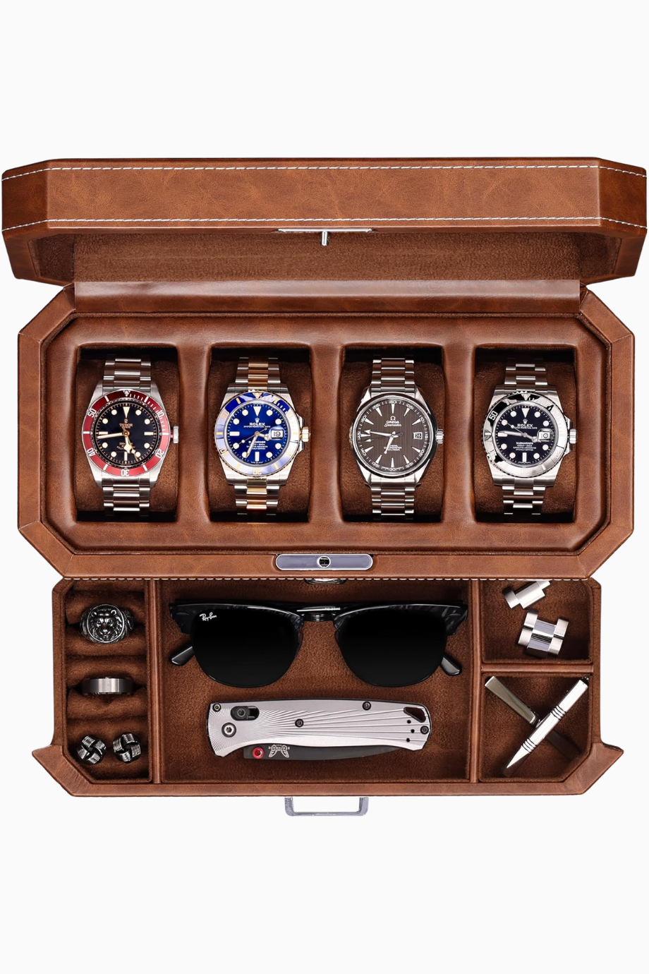 4 Yuvalı Deri Saat Kutusu ve Çekmeceli Takı Düzenleyici, Zamansız Ve Şık Görünüm